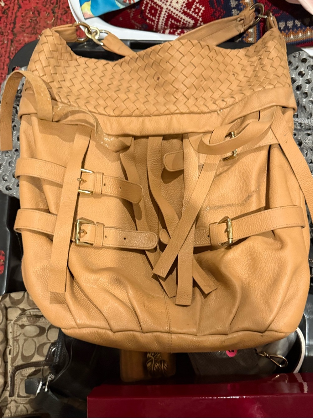 Romygold Tan Woven-Trim Hobo Bag with Buckle Straps